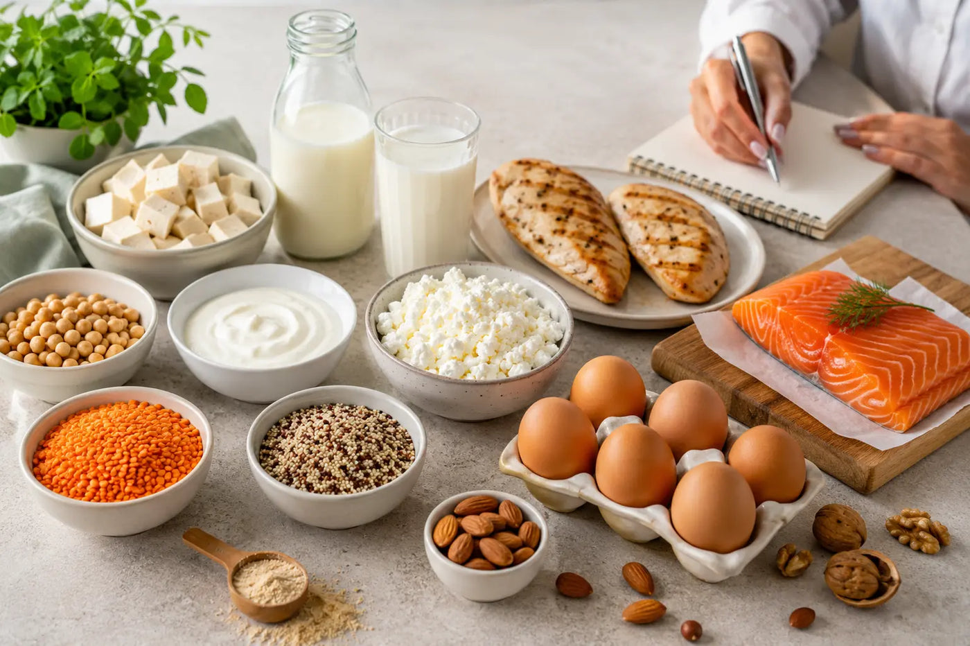 Cate proteine trebuie sa mananci pe zi? Recomandarea specialistilor - Surse de proteine animale și vegetale: pui, somon, ouă, lactate, tofu, linte, năut și nuci