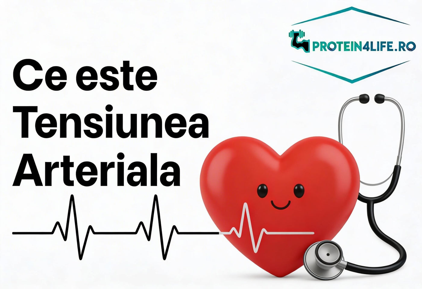 Ilustrație cu inimă stilizată și stetoscop, reprezentând tensiunea arterială și monitorizarea sănătății cardiovasculare – Protein4Life.ro