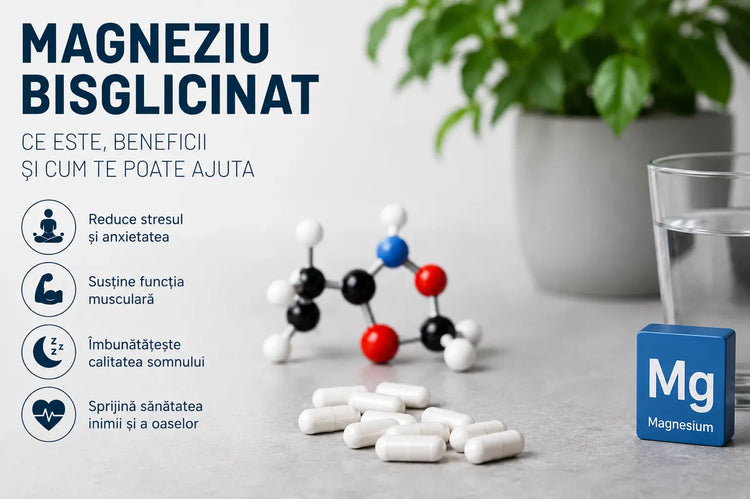 Ce Este Magneziu Bisglicinat si La Ce Ajuta | Ghid Complet Protein4Life.ro Infografic despre magneziul bisglicinat, cu capsule, model molecular, simbolul Mg și principalele beneficii pentru stres, somn, mușchi, inimă și oase.