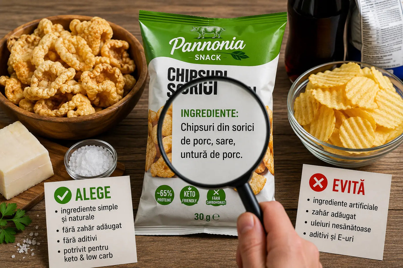 Chipsuri din șorici Pannonia, snack sănătos keto fără aditivi, comparate cu chipsuri de cartofi și pufuleți - Protein4Life.ro