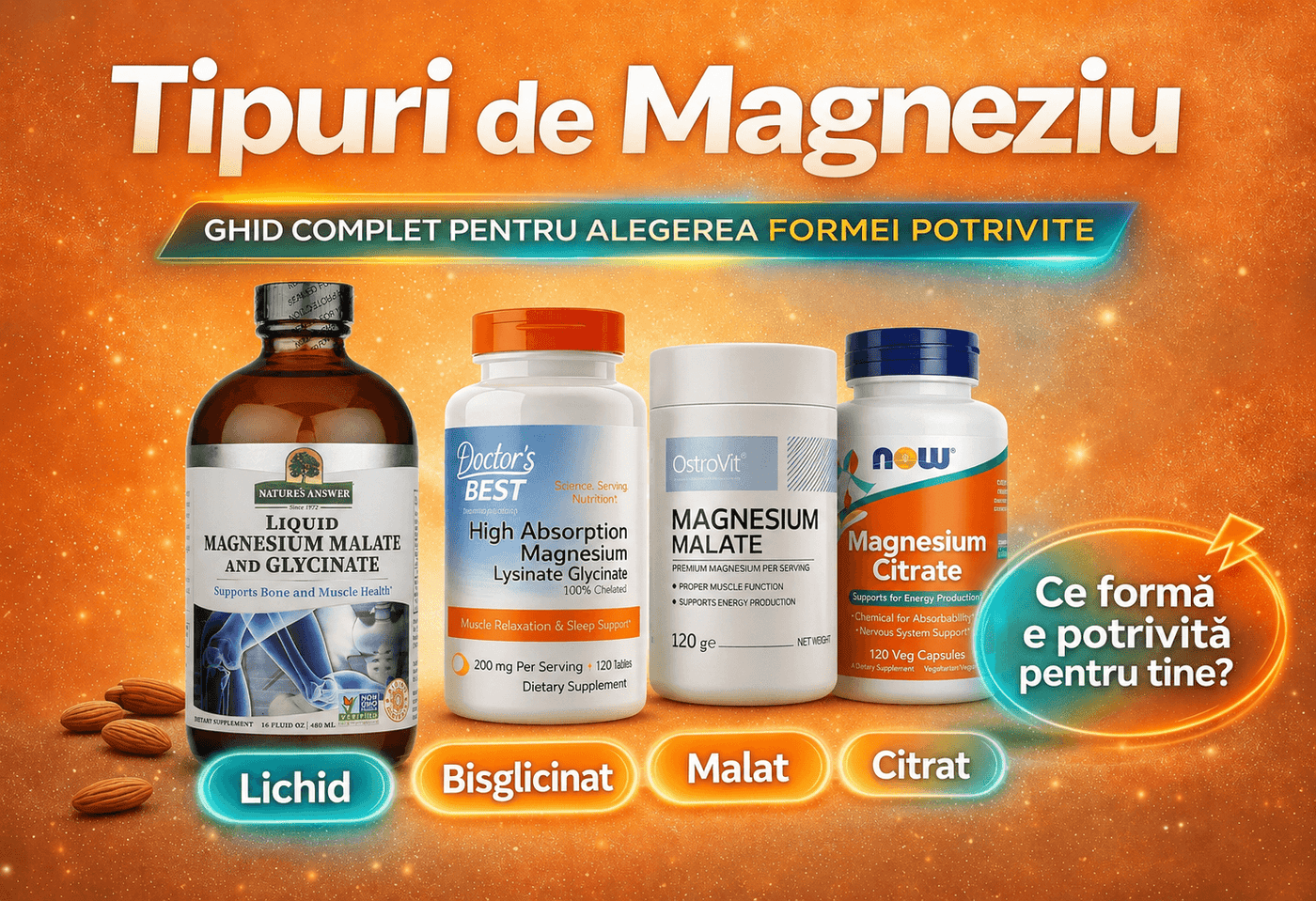 Tipuri de magneziu: magneziu lichid bisglicinat si malat Natures Answer, bisglicinat Doctor’s Best, malat OstroVit și citrat Now Foods – ghid complet pentru alegerea formei potrivite