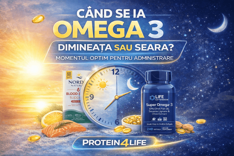 Cand se ia Omega 3 dimineata sau seara – capsule omega 3 si text Omega ilustrand momentul optim pentru administrare - Protein4Life