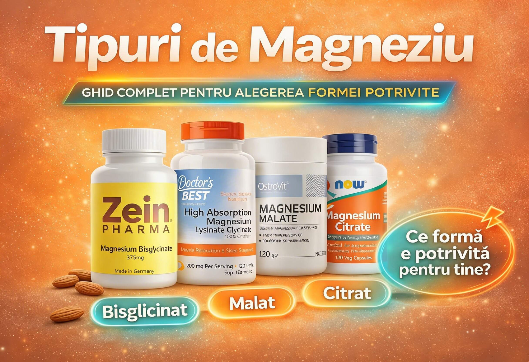 Tipuri de magneziu: bisglicinat Zein Pharma, bisglicinat Doctor’s Best, malat OstroVit și citrat – ghid complet pentru alegerea formei potrivite