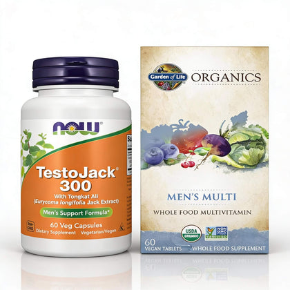 colectia suplimente pentru barbati cu NOW TestoJack 300 cu Tongkat Ali 60 capsule și multivitamină Garden of Life Organics Men’s Multi 60 tablete vegane
