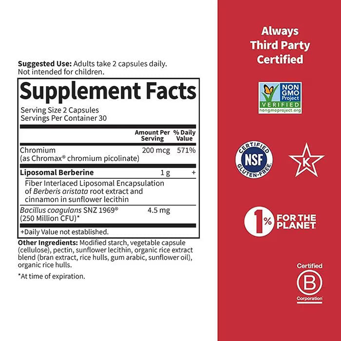 Berberina Lipozomala cu Cromium si Probiotic pentru Glicemie si Metabolism - Garden of Life Herbals - 60 capsule - Protein4Life