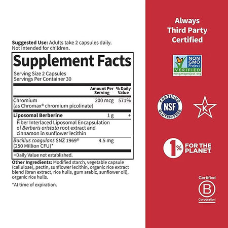 Berberina Lipozomala cu Cromium si Probiotic pentru Glicemie si Metabolism - Garden of Life Herbals - 60 capsule - Protein4Life
