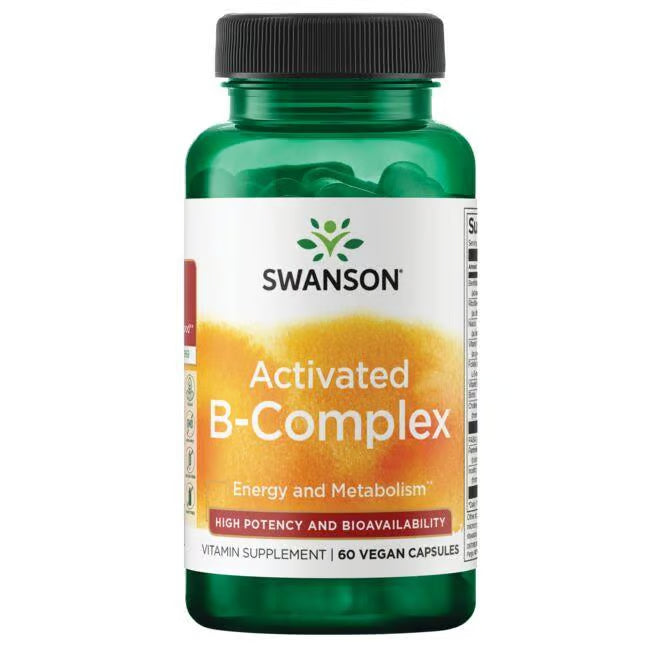 Recipient plastic verde Swanson Activated B-Complex cu capac negru, logo verde Swanson cu frunză, text mare Activated B-Complex, subtitlu Energy and Metabolism, banner portocaliu High Potency and Bioavailability, Vitamin Supplement 60 Vegan Capsules. Complex premium de vitamine B în forme coenzimate și metilate: metilfolat L-5-MTHF, metilcobalamină, piridoxal-5-fosfat P5P, benfotiamină și pantetină pentru absorbție directă. Susține energia, metabolismul și sistemul nervos, ideal pentru mutații MTHFR.