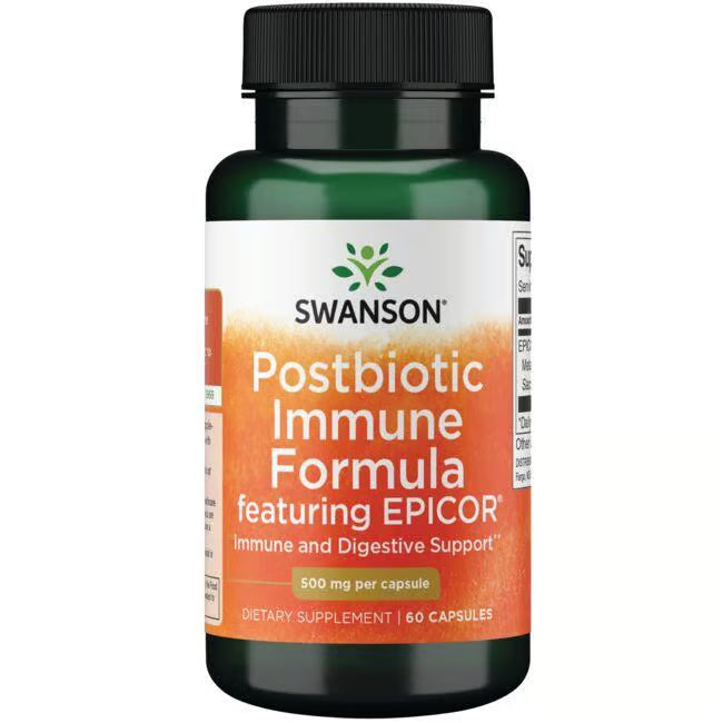 Recipient plastic verde închis Swanson Postbiotic Immune Formula cu capac negru, logo verde Swanson cu frunză, text mare alb Postbiotic Immune Formula featuring EPICOR, subtitlu Immune and Digestive Support, banner portocaliu 500mg per capsule, 60 Capsules vizibil. Supliment postbiotic cu 500mg EpiCor High-Metabolite Immunogens din drojdie nutrițională fermentată pentru susținerea sistemului imunitar. Activează celulele NK, stimulează producția IgA secretor, efect prebiotic pentru microbiom echilibrat.