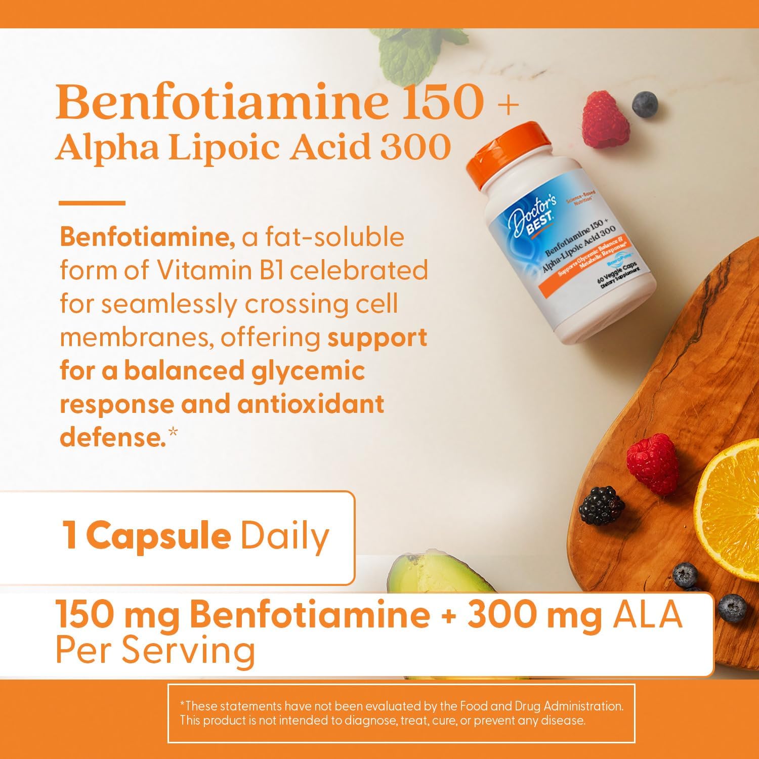 Acid Alfa Lipoic ALA 300 mg cu Benfotiamina 150 mg si Leucina pentru Metabolismul Glucozei si Suport Neurologic - Doctor's Best - 60 capsule - Protein4Life