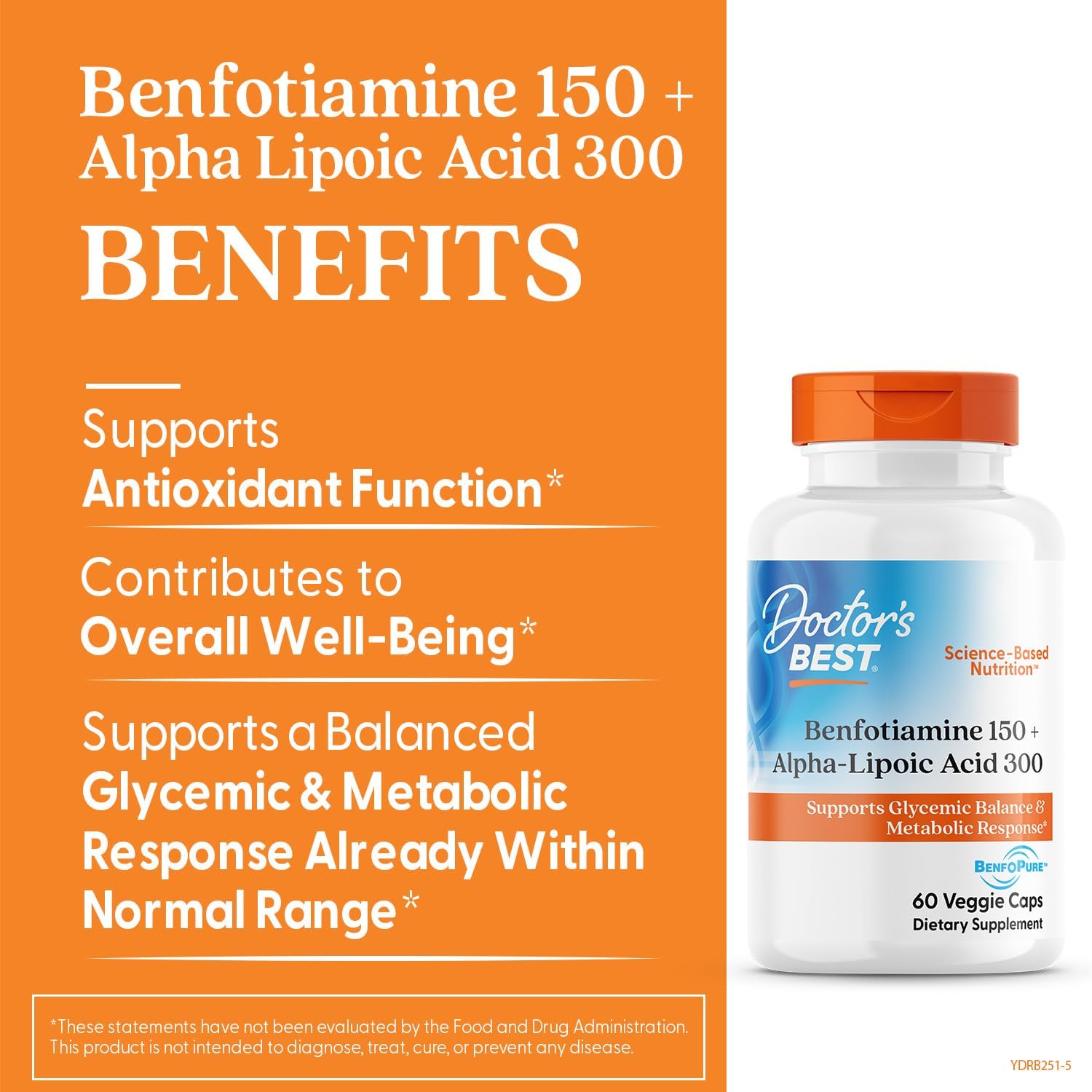 Acid Alfa Lipoic ALA 300 mg cu Benfotiamina 150 mg si Leucina pentru Metabolismul Glucozei si Suport Neurologic - Doctor's Best - 60 capsule - Protein4Life