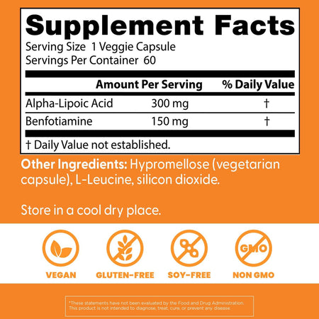 Acid Alfa Lipoic ALA 300 mg cu Benfotiamina 150 mg si Leucina pentru Metabolismul Glucozei si Suport Neurologic - Doctor's Best - 60 capsule - Protein4Life