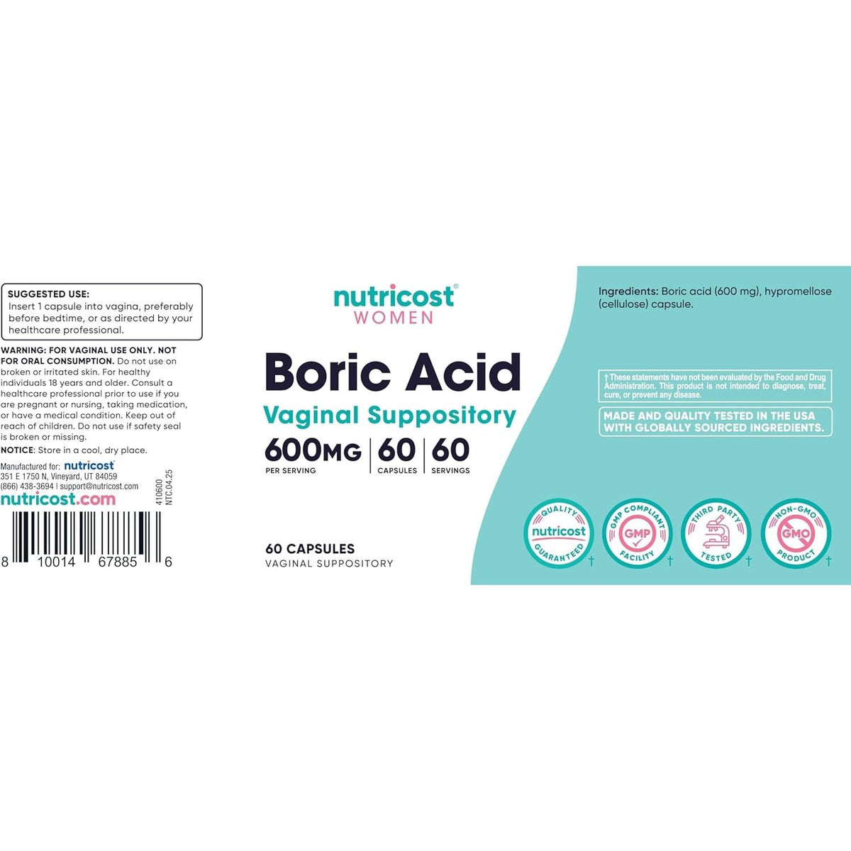 Acid Boric Supozitoare Vaginale pentru Igiena Intima si Echilibru Vaginal - Nutricost - 600 mg - Protein4Life