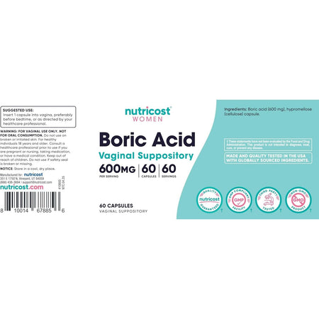 Acid Boric Supozitoare Vaginale pentru Igiena Intima si Echilibru Vaginal - Nutricost - 600 mg - Protein4Life