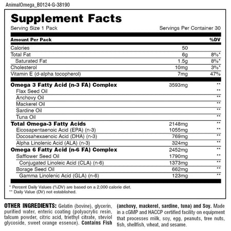 Animal Advanced Omega 3 cu CLA, GLA si ALA - Universal Nutrition - 30 pachete - Protein4Life
