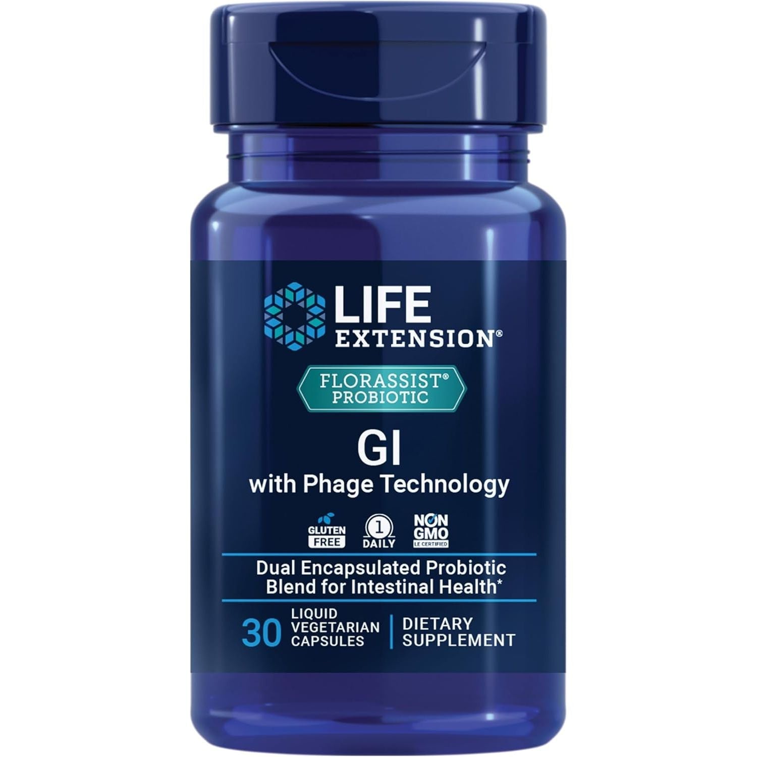 Recipient plastic albastru închis Life Extension FLORASSIST GI with Phage Technology cu logo alb, banner turcoaz FLORASSIST Probiotic, text mare GI with Phage Technology, icoane Gluten Free, 1 Daily și Non-GMO, 30 Liquid Vegetarian Capsules vizibil. Formulă probiotică avansată cu 7 tulpini probiotice, postbiotic HTS B. longum și TetraPhage Blend cu 4 bacteriofagi, capsule dublu encapsulate. Susține echilibrul florei intestinale, reduce balonarea și gazele, confort digestiv optim.