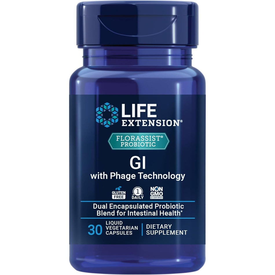 Recipient plastic albastru închis Life Extension FLORASSIST GI with Phage Technology cu logo alb, banner turcoaz FLORASSIST Probiotic, text mare GI with Phage Technology, icoane Gluten Free, 1 Daily și Non-GMO, 30 Liquid Vegetarian Capsules vizibil. Formulă probiotică avansată cu 7 tulpini probiotice, postbiotic HTS B. longum și TetraPhage Blend cu 4 bacteriofagi, capsule dublu encapsulate. Susține echilibrul florei intestinale, reduce balonarea și gazele, confort digestiv optim.