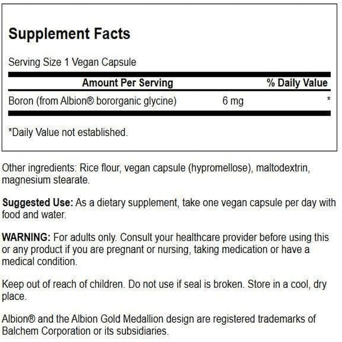 Boron Albion Bororganic Glycine 6 mg pentru Absorbtie Optima si Echilibru Mineral - Swanson - 60 capsule - Protein4Life