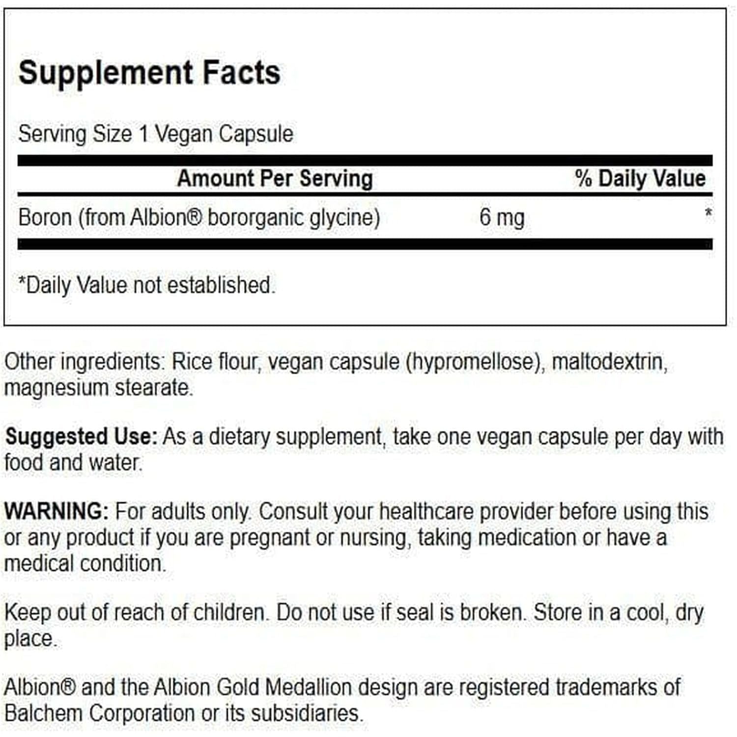 Boron Albion Bororganic Glycine 6 mg pentru Absorbtie Optima si Echilibru Mineral - Swanson - 60 capsule - Protein4Life