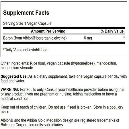 Boron Albion Bororganic Glycine 6 mg pentru Absorbtie Optima si Echilibru Mineral - Swanson - 60 capsule - Protein4Life