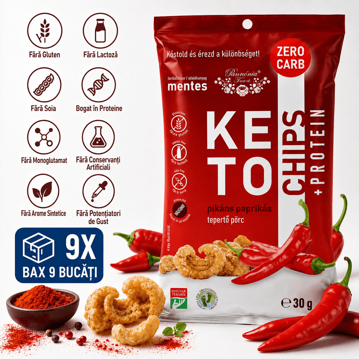 Chipsuri de Sorici Crocante Keto Pannonia, Snack Proteic 30g, 3 Arome Naturale (Sare, Usturoi, Paprika) - Protein4Life