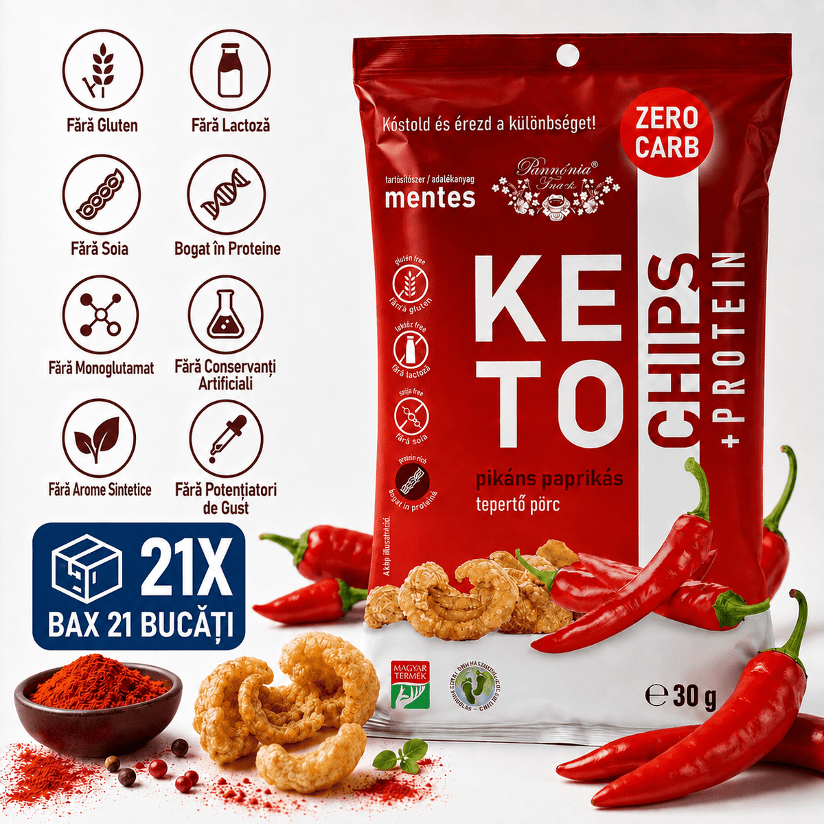 Chipsuri de Sorici Crocante Keto Pannonia, Snack Proteic 30g, 3 Arome Naturale (Sare, Usturoi, Paprika) - Protein4Life