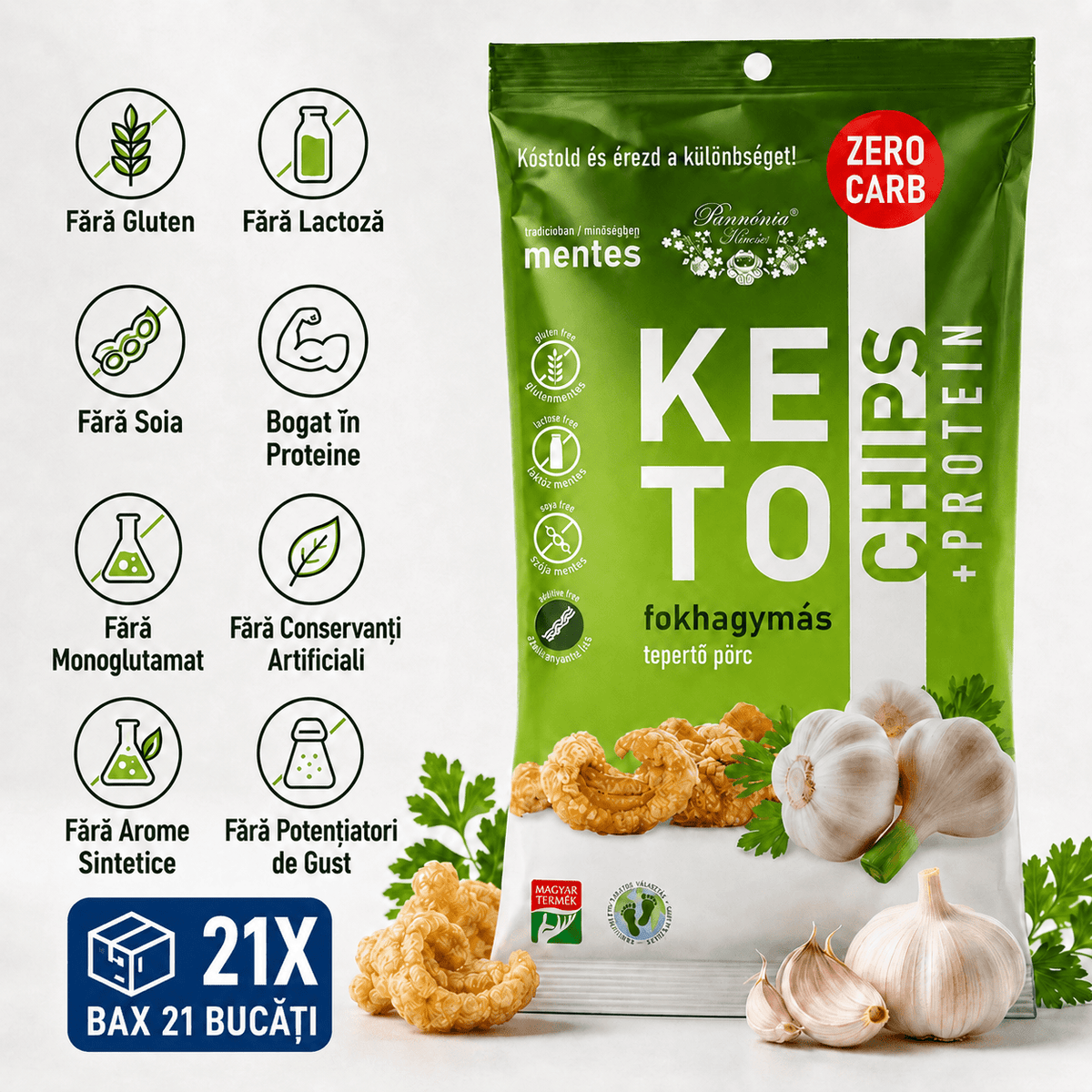 Chipsuri de Sorici Crocante Keto Pannonia, Snack Proteic 30g, 3 Arome Naturale (Sare, Usturoi, Paprika) - Protein4Life
