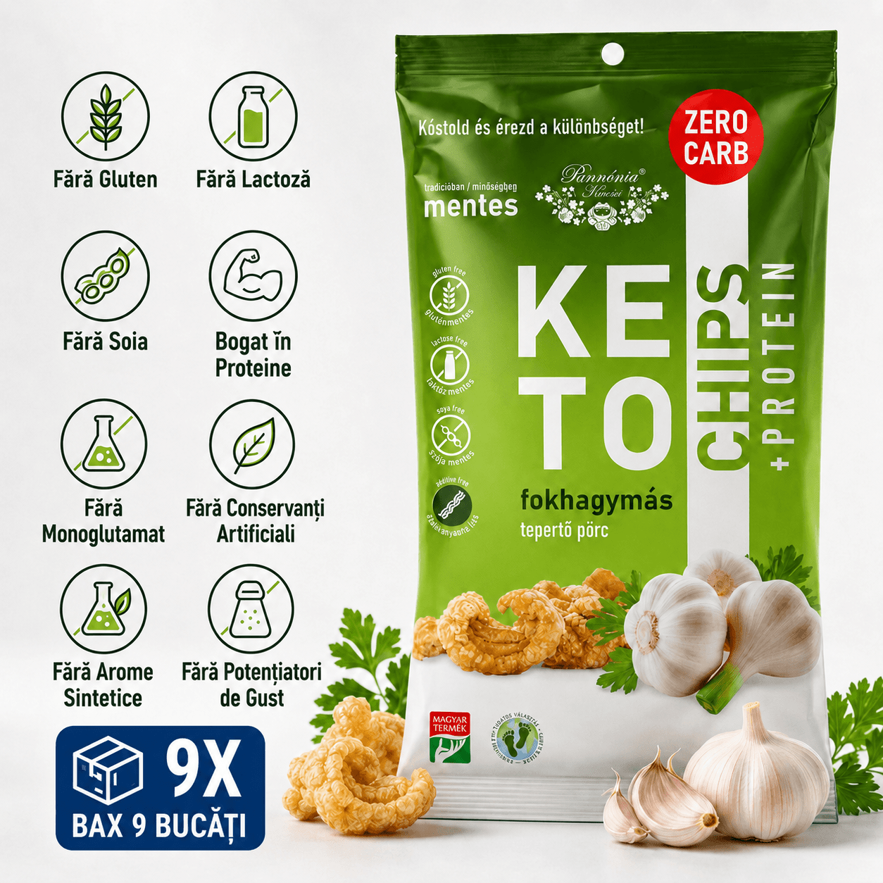 Chipsuri de Sorici Crocante Keto Pannonia, Snack Proteic 30g, 3 Arome Naturale (Sare, Usturoi, Paprika) - Protein4Life