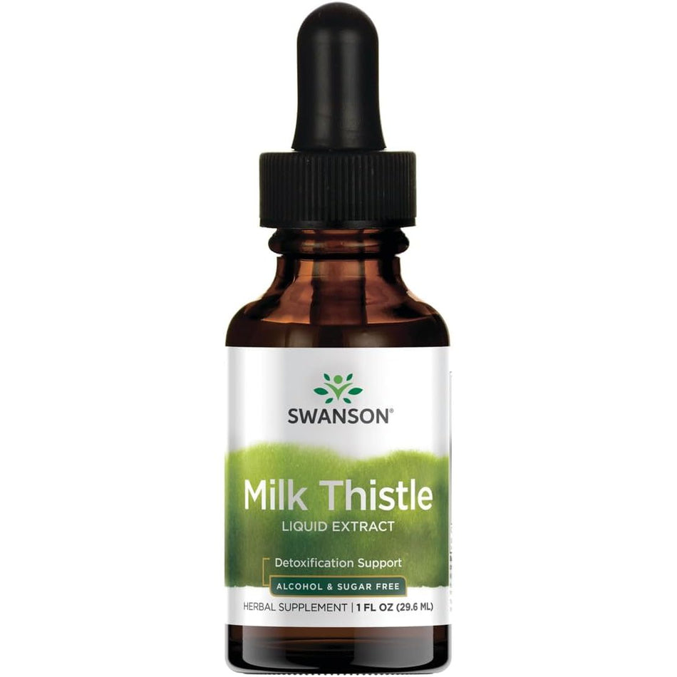 sticlă ambră Swanson Milk Thistle Liquid Extract cu pipetă neagră, etichetă albă cu logo verde Swanson, text mare Milk Thistle Liquid Extract, mențiuni Detoxification Support, bandă galbenă Alcohol & Sugar Free, Herbal Supplement 1 FL OZ 29.6ml. Tinctură concentrată 1:1 cu 2000mg extract semințe de armurariu per porție, formulă Holistically Balanced fără alcool și fără zahăr. Susține detoxifierea hepatică, protecția ficatului și regenerarea celulelor hepatice, vegană, ușor de administrat.