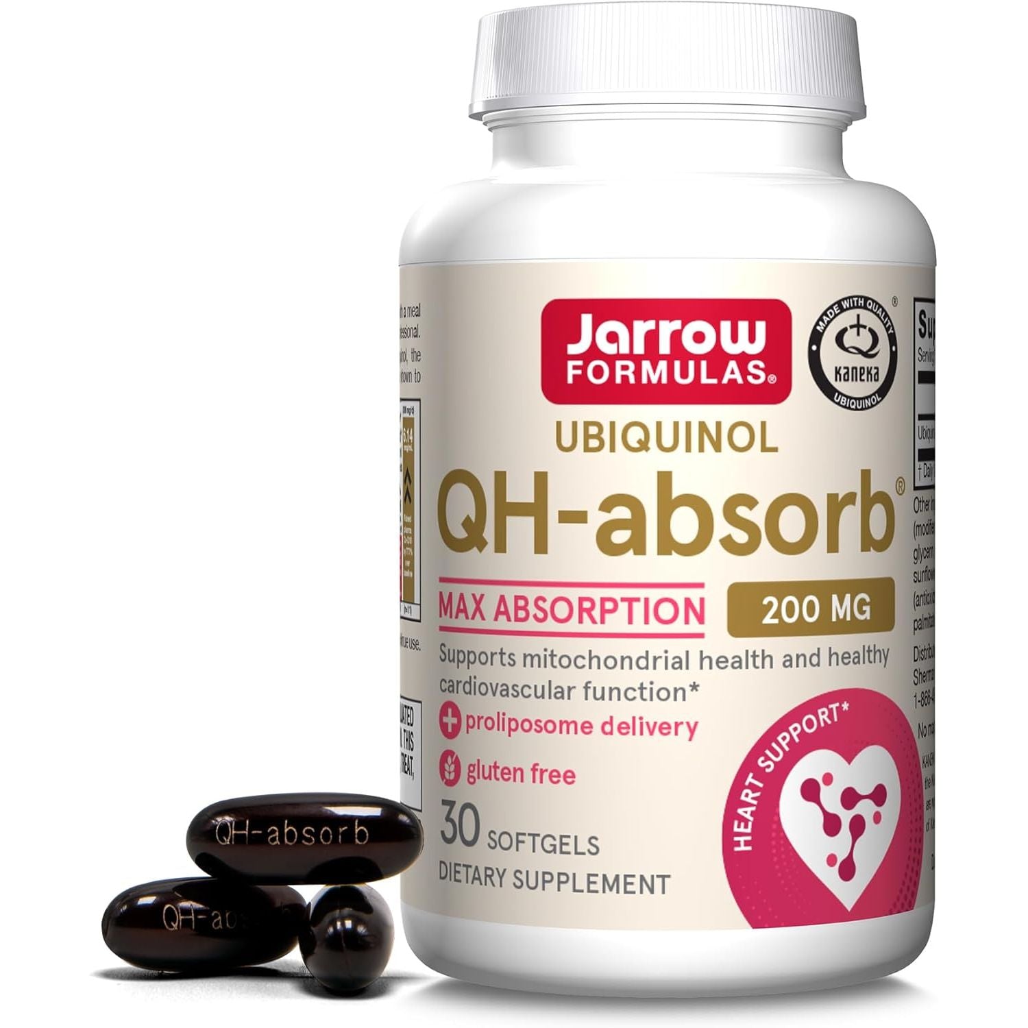 Recipient plastic alb Jarrow Formulas QH-absorb cu capac alb, logo roșu-verde, sigiliu Kaneka, text mare Ubiquinol QH-absorb Max Absorption 200mg, icoane proliposome delivery și gluten free, badge Heart Support roz, 30 Softgels, capsule moi vișinii vizibile alături. Supliment premium cu ubiquinol formă activă CoQ10 în sistem prolipozomal Q-absorb pentru biodisponibilitate superioară. Susține sănătatea mitocondrială, producția de energie celulară și funcția cardiovasculară optimă.