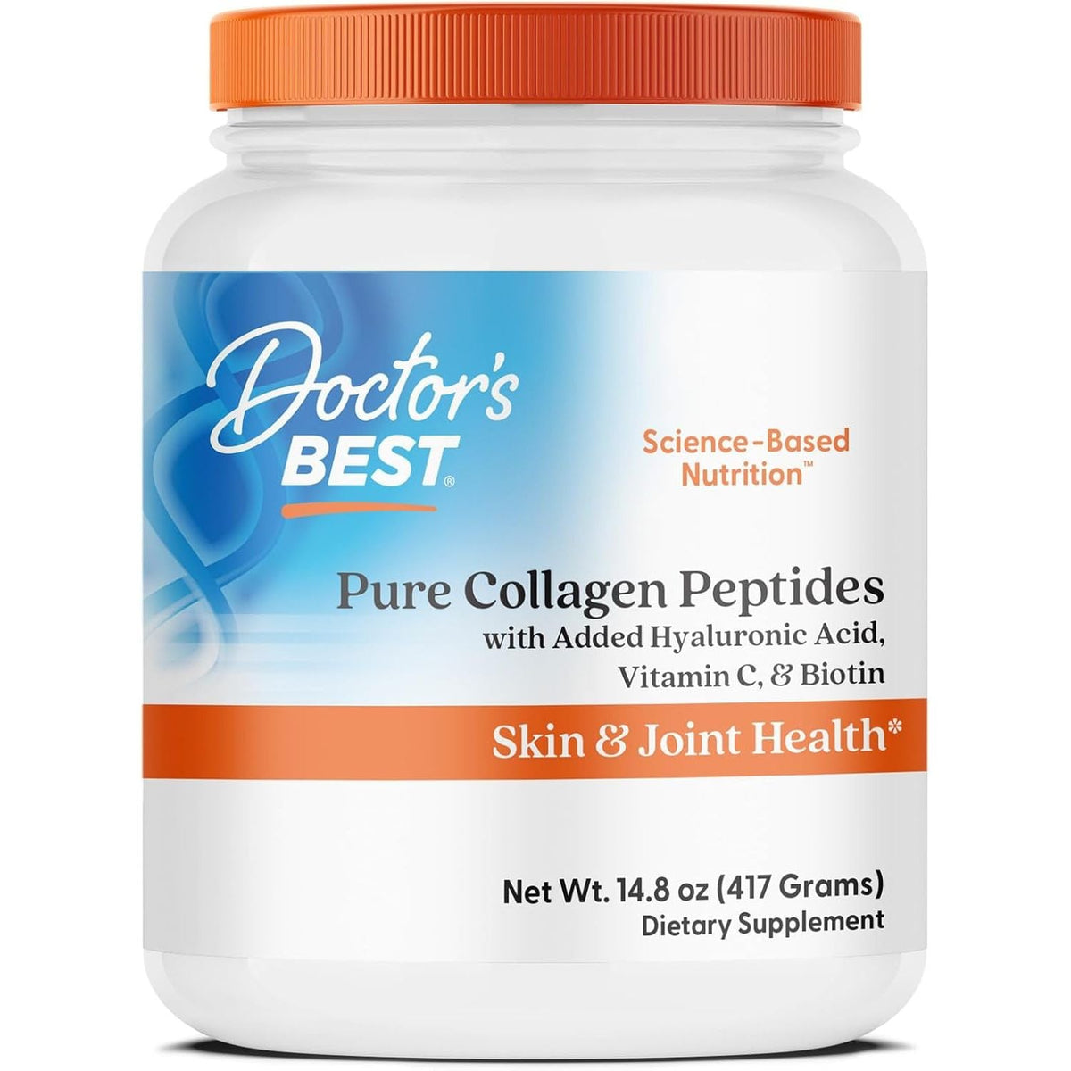 Colagen Hidrolizat cu Acid Hialuronic, Vitamina C si Biotina pentru Piele, Articulatii si Par - Doctor's Best Pure Collagen Peptides - 417 grame - Protein4Life