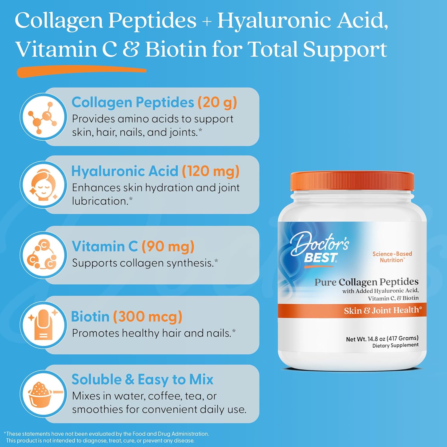 Colagen Hidrolizat cu Acid Hialuronic, Vitamina C si Biotina pentru Piele, Articulatii si Par - Doctor's Best Pure Collagen Peptides - 417 grame - Protein4Life