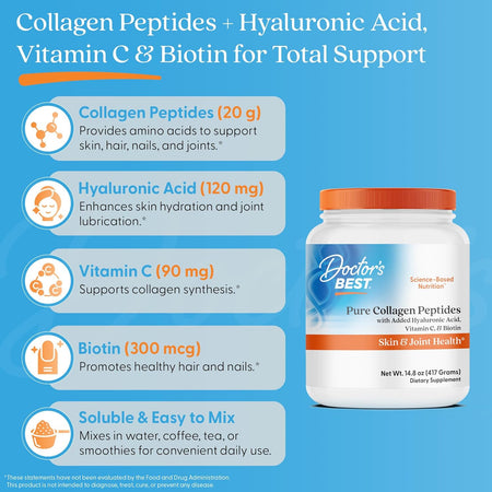 Colagen Hidrolizat cu Acid Hialuronic, Vitamina C si Biotina pentru Piele, Articulatii si Par - Doctor's Best Pure Collagen Peptides - 417 grame - Protein4Life