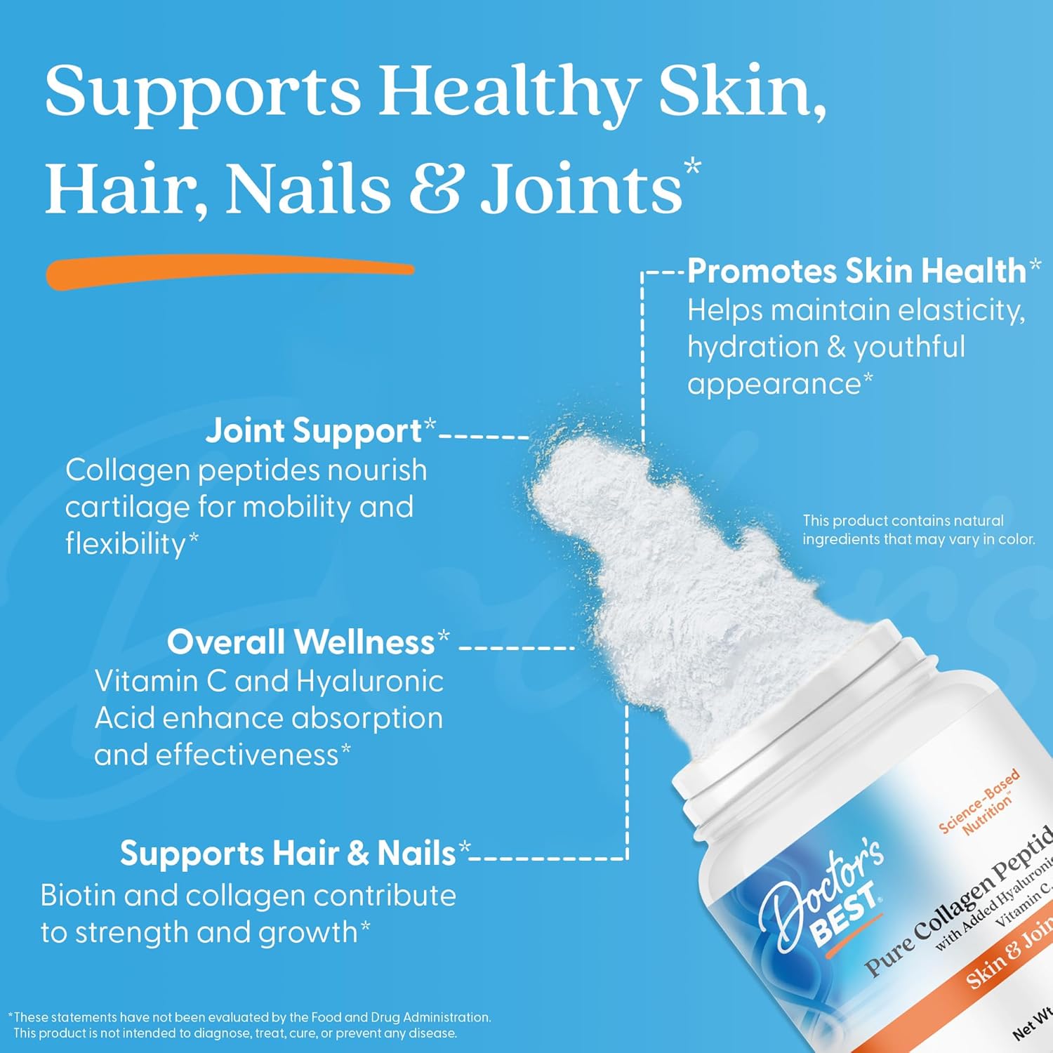 Colagen Hidrolizat cu Acid Hialuronic, Vitamina C si Biotina pentru Piele, Articulatii si Par - Doctor's Best Pure Collagen Peptides - 417 grame - Protein4Life