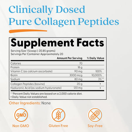 Colagen Hidrolizat cu Acid Hialuronic, Vitamina C si Biotina pentru Piele, Articulatii si Par - Doctor's Best Pure Collagen Peptides - 417 grame - Protein4Life