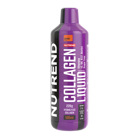 Sticlă plastic violet Nutrend Collagen Liquid 500ml cu logo roșu NUTREND și text alb mare pe lateral, etichetă portocalie cu aromă de portocală, specificații vizibile 220g colagen hidrolizat, 11g per doză, 20 porții, fără zahăr. Supliment lichid cu 11000mg peptide colagen hidrolizat per porție, vitamina C, B6, B12, biotină și cupru pentru sinteza normală de colagen. Susține elasticitatea pielii, sănătatea articulațiilor și oaselor, sistemul imunitar, absorbție rapidă fără dizolvare.