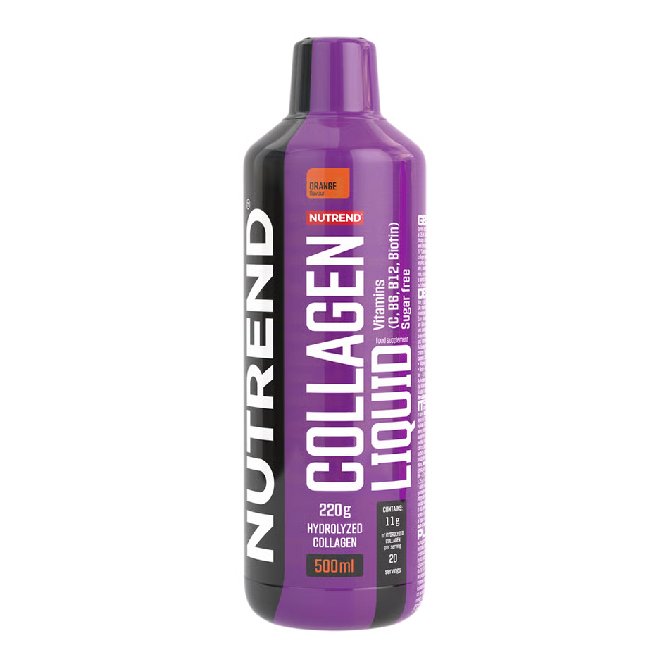 Sticlă plastic violet Nutrend Collagen Liquid 500ml cu logo roșu NUTREND și text alb mare pe lateral, etichetă portocalie cu aromă de portocală, specificații vizibile 220g colagen hidrolizat, 11g per doză, 20 porții, fără zahăr. Supliment lichid cu 11000mg peptide colagen hidrolizat per porție, vitamina C, B6, B12, biotină și cupru pentru sinteza normală de colagen. Susține elasticitatea pielii, sănătatea articulațiilor și oaselor, sistemul imunitar, absorbție rapidă fără dizolvare.