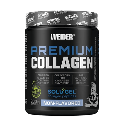 Recipient plastic negru Weider Premium Collagen cu capac argintiu cu logo WEIDER repetitiv, text mare alb Premium Collagen, badgeuri Certified Grassfed Collagen Peptides, Cofactors for Collagen Synthesis, For Cartilage Skin and Bones, sigiliu verde Grassfed, logo Solugel collagen peptides, banner Non-Flavored, 300g, ilustrație siluetă musculară. Colagen hidrolizat premium cu peptide Solugel din bovine grassfed, vitamina C, taurină, glicină, mangan și cupru. Susține pielea, articulațiile, oasele și cartilaje