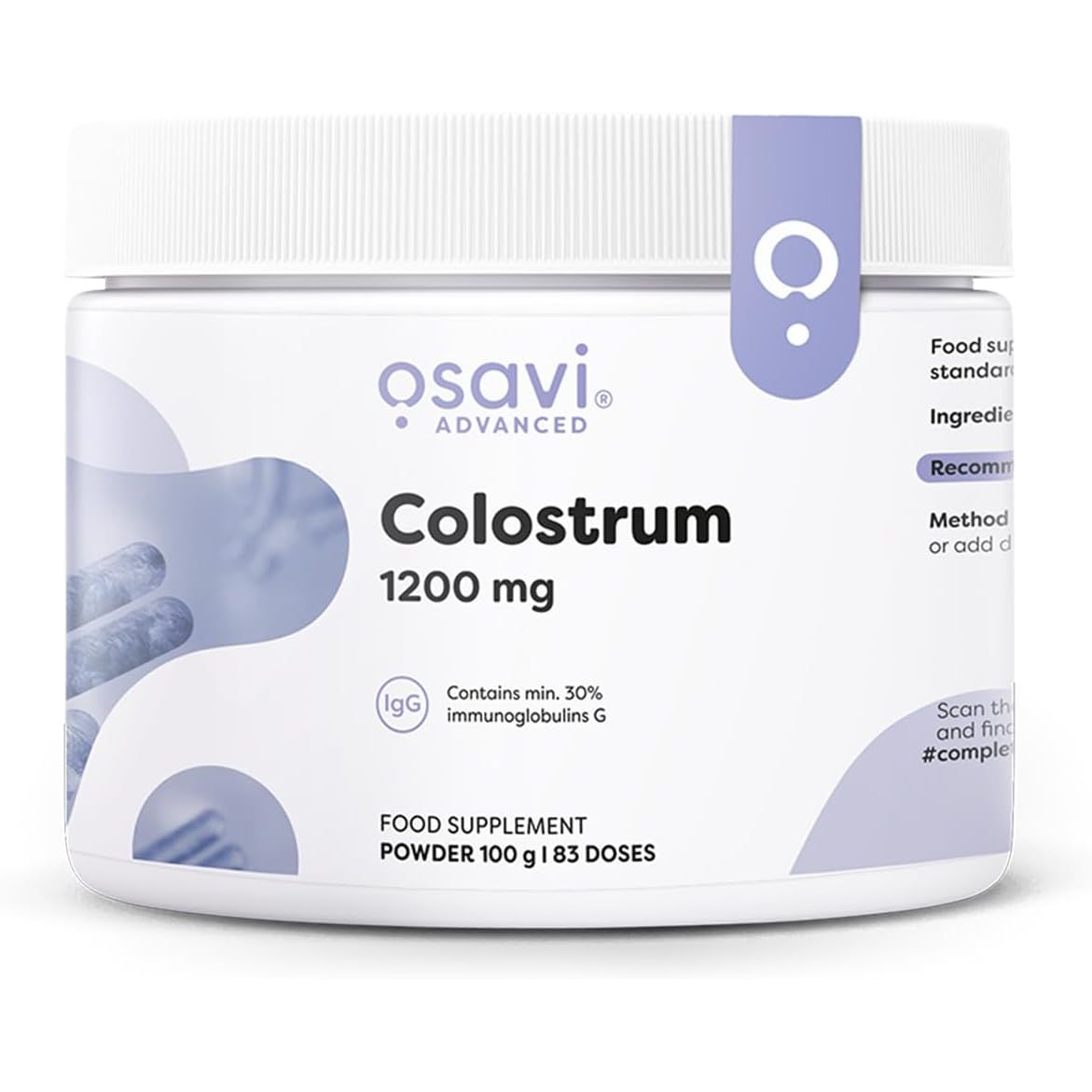 Recipient plastic alb Osavi Advanced Colostrum cu capac alb, logo gri elegant, text mare Colostrum 1200mg, badge IgG cu mențiune Contains min. 30% immunoglobulins G, elemente decorative mov-lavandă, Food Supplement Powder 100g 83 Doses vizibil. Pudră colostru bovin standardizată minimum 30% imunoglobulină G, aproximativ 360mg IgG per doză, recoltat în primele 12 ore după fătare de la vaci fără antibiotice. Susține sistemul imunitar, integritatea mucoasei intestinale și recuperarea după efort.