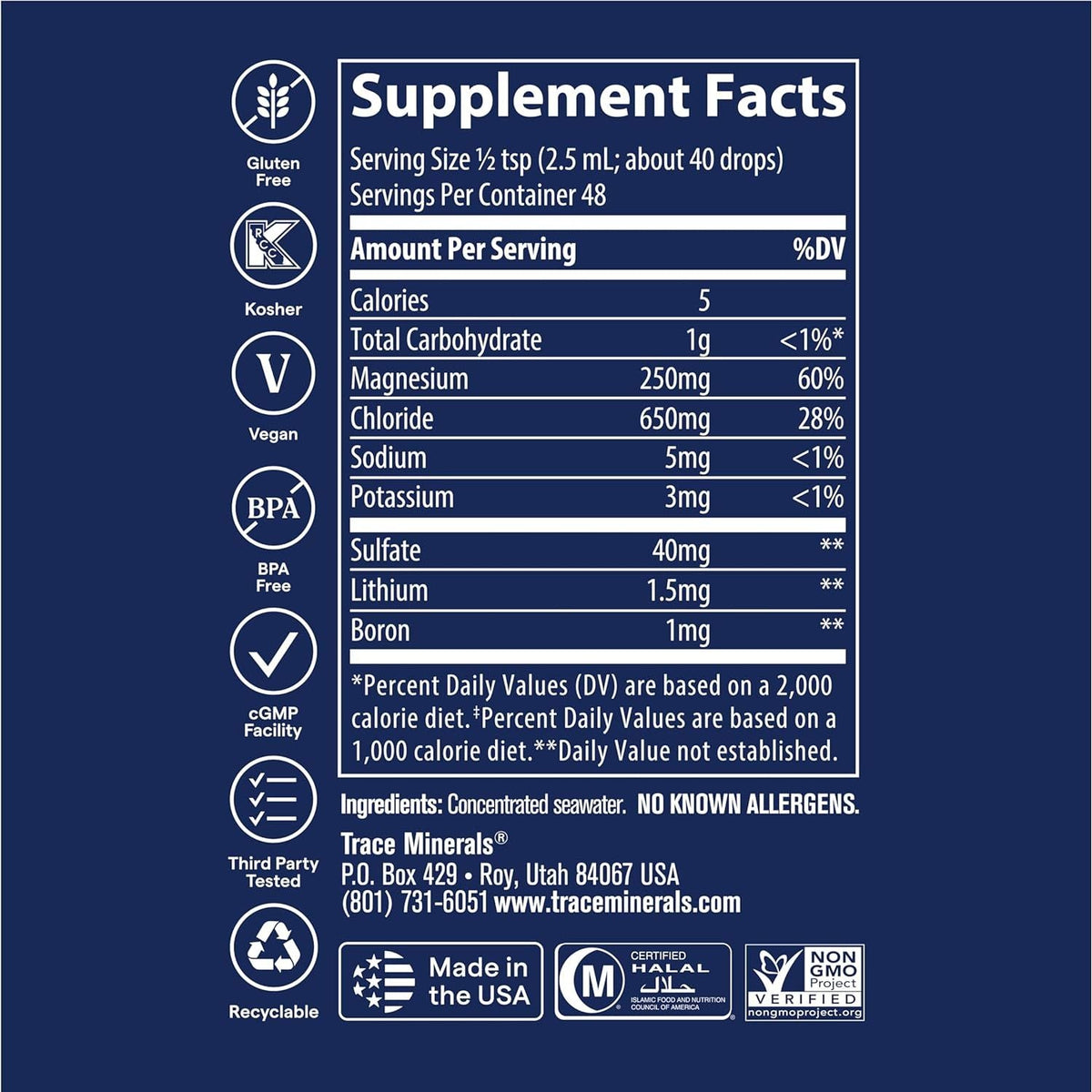 ConcenTrace Trace Mineral Drops Full Spectrum cu 72+ Minerale Ionice, Magneziu, Potasiu si Oligoelemente pentru Hidratare, Electroliti, Energie, Digestie, Muschi, Oase, Echilibru Mineral si Performanta Fizica - Trace Minerals - 48 portii - Protein4Life