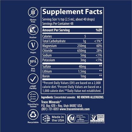 ConcenTrace Trace Mineral Drops Full Spectrum cu 72+ Minerale Ionice, Magneziu, Potasiu si Oligoelemente pentru Hidratare, Electroliti, Energie, Digestie, Muschi, Oase, Echilibru Mineral si Performanta Fizica - Trace Minerals - 48 portii - Protein4Life