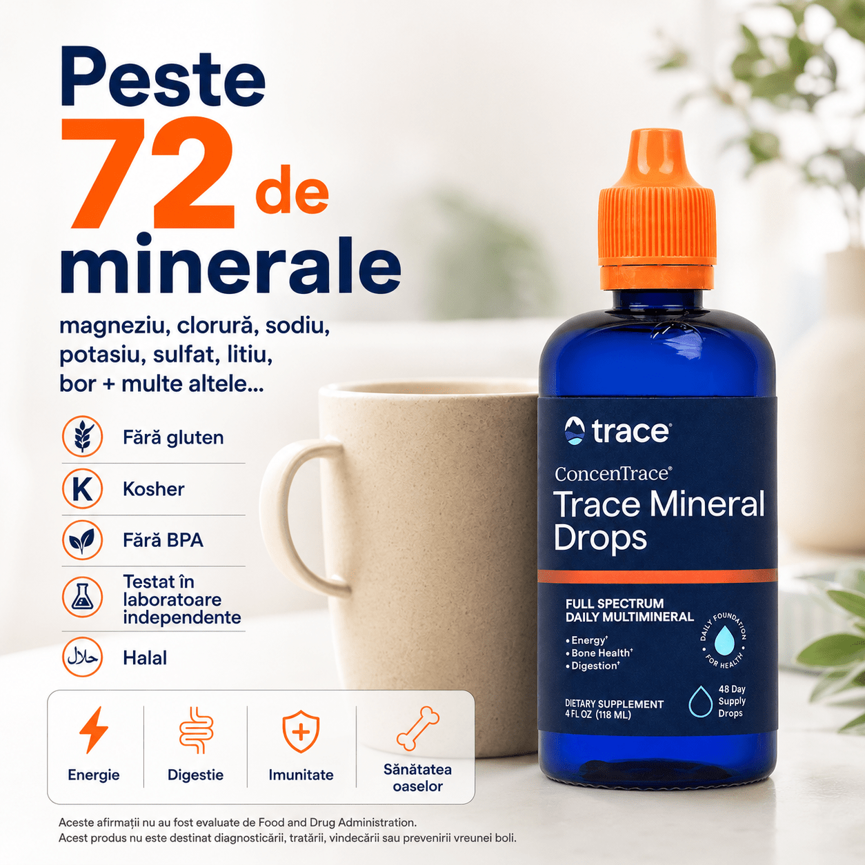 ConcenTrace Trace Mineral Drops Full Spectrum cu 72+ Minerale Ionice, Magneziu, Potasiu si Oligoelemente pentru Hidratare, Electroliti, Energie, Digestie, Muschi, Oase, Echilibru Mineral si Performanta Fizica - Trace Minerals - 48 portii - Protein4Life