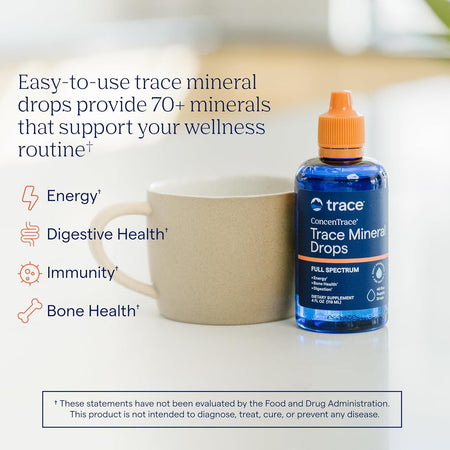 ConcenTrace Trace Mineral Drops Full Spectrum cu 72+ Minerale Ionice, Magneziu, Potasiu si Oligoelemente pentru Hidratare, Electroliti, Energie, Digestie, Muschi, Oase, Echilibru Mineral si Performanta Fizica - Trace Minerals - 48 portii - Protein4Life