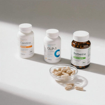 Suplimente pentru control greutate și metabolism: L-Carnitină, GLP-1 și Berberină cu capsule bej pe fundal alb