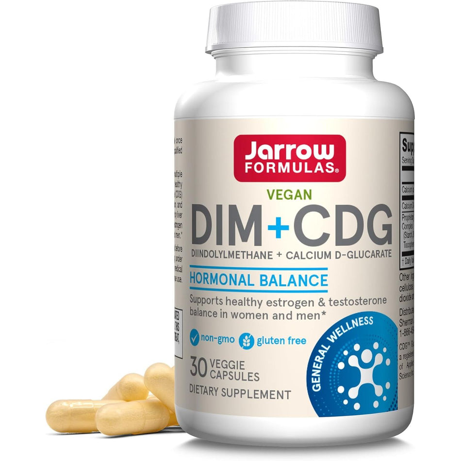 Recipient plastic alb Jarrow Formulas DIM+CDG cu capac alb, logo roșu-verde, text mare albastru DIM+CDG, subtitlu Diindolylmethane + Calcium D-Glucarate, banner turcoaz Hormonal Balance, badge General Wellness, icoane non-GMO și gluten free, capsule galbene vizibile lângă flacon. Supliment vegan cu 30 capsule veggie, 100mg DIM și 250mg Calcium D-Glucarate pentru echilibrul hormonal la femei și bărbați. Susține metabolismul sănătos al estrogenilor, detoxifierea hepatică și reducerea dominanței estrogenice.