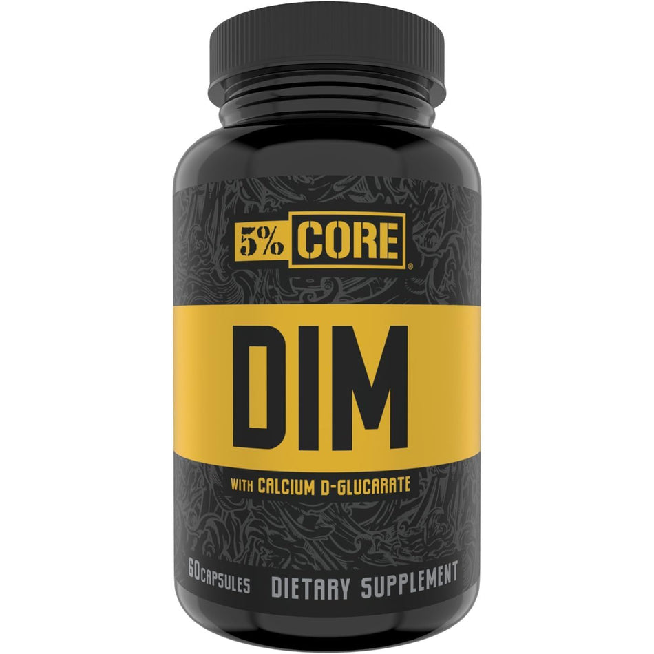 Recipient plastic negru 5% Nutrition Core DIM cu capac negru, logo 5% CORE galben-auriu, text mare DIM pe bandă galbenă, subtitlu with Calcium D-Glucarate, mențiune 60 Capsules Dietary Supplement vizibilă. Formulă avansată cu 325mg DIM diindolilmetan, 250mg D-glucarat de calciu, 50mg pudră organică broccoli și 5mg Bioperine pentru absorbție îmbunătățită. Susține echilibrul hormonal, metabolismul sănătos al estrogenului și funcția hepatică, potrivit pentru bărbați și femei.