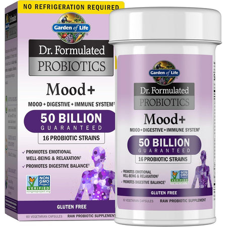 Cutie și recipient alb Garden of Life Dr. Formulated Probiotics Mood+ cu logo fructe colorate, banner roșu No Refrigeration Required, text mare Mood+ violet, 50 Billion Guaranteed și 16 Probiotic Strains, sigilii Non-GMO Verified și Gluten Free, ilustrație siluete umane colorate. Supliment probiotic RAW cu 60 capsule vegetariene, 50 miliarde CFU, 16 tulpini probiotice, Ashwagandha organică și afine sălbatice Alaska. Susține starea de spirit, relaxarea și echilibrul digestiv prin conexiunea intestin-creier.
