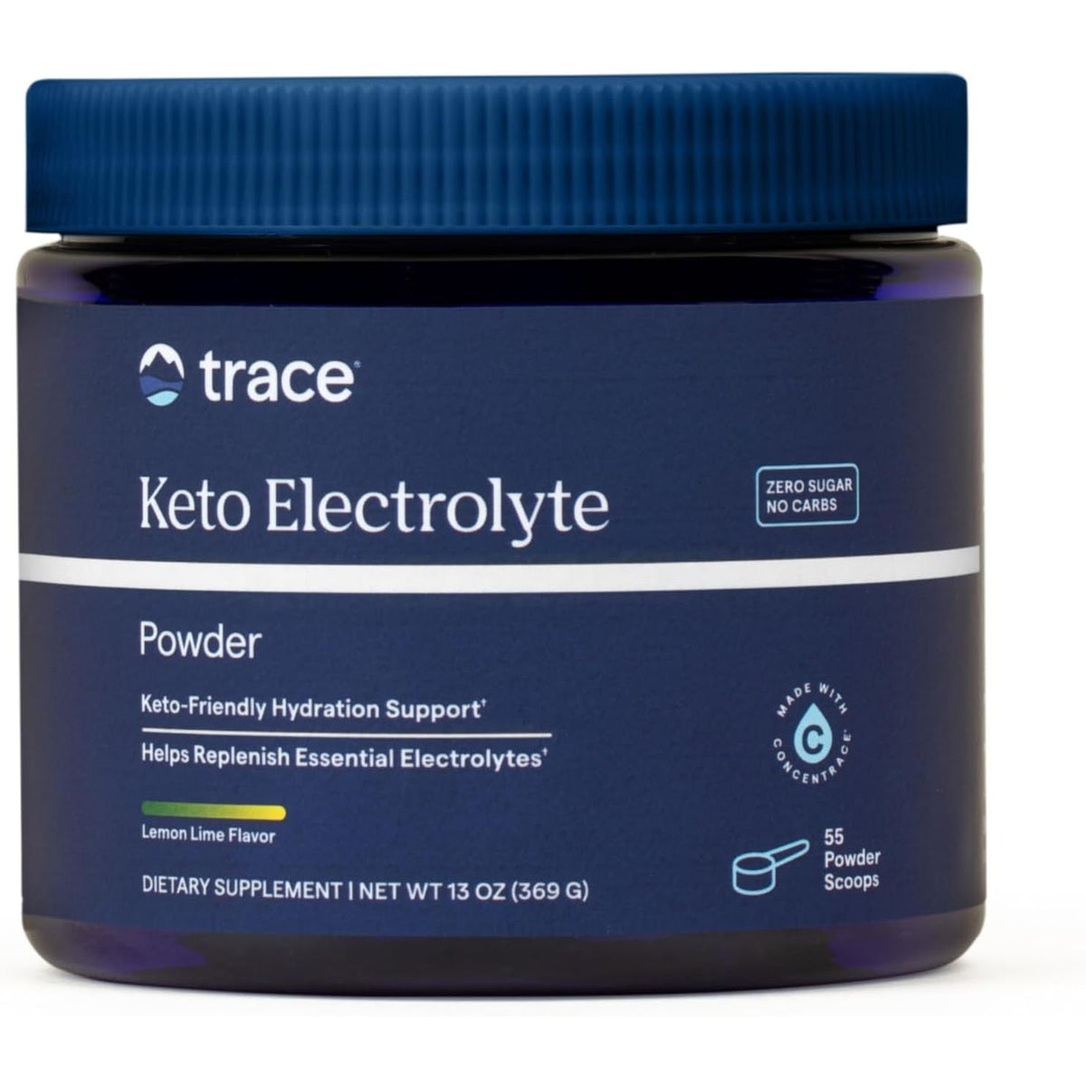 Recipient plastic albastru închis Trace Minerals Keto Electrolyte Powder cu capac albastru, logo trace alb, text mare Keto Electrolyte Powder, badge Zero Sugar No Carbs, mențiuni Keto-Friendly Hydration Support și Helps Replenish Essential Electrolytes, linie verde Lemon Lime Flavor, badge Made with ConcenTrace, 55 Powder Scoops, 369g. Electroliti naturali fără zahăr cu 1000mg potasiu, magneziu, calciu, sodiu și minerale ionice din Utah. Hidratare pentru keto și post intermitent, aromă lămâie-lime.