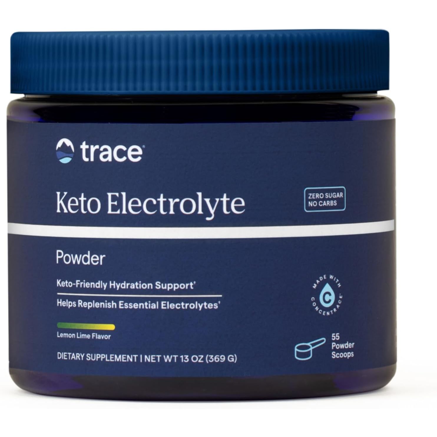 Recipient plastic albastru închis Trace Minerals Keto Electrolyte Powder cu capac albastru, logo trace alb, text mare Keto Electrolyte Powder, badge Zero Sugar No Carbs, mențiuni Keto-Friendly Hydration Support și Helps Replenish Essential Electrolytes, linie verde Lemon Lime Flavor, badge Made with ConcenTrace, 55 Powder Scoops, 369g. Electroliti naturali fără zahăr cu 1000mg potasiu, magneziu, calciu, sodiu și minerale ionice din Utah. Hidratare pentru keto și post intermitent, aromă lămâie-lime.
