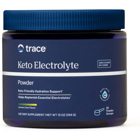 Recipient plastic albastru închis Trace Minerals Keto Electrolyte Powder cu capac albastru, logo trace alb, text mare Keto Electrolyte Powder, badge Zero Sugar No Carbs, mențiuni Keto-Friendly Hydration Support și Helps Replenish Essential Electrolytes, linie verde Lemon Lime Flavor, badge Made with ConcenTrace, 55 Powder Scoops, 369g. Electroliti naturali fără zahăr cu 1000mg potasiu, magneziu, calciu, sodiu și minerale ionice din Utah. Hidratare pentru keto și post intermitent, aromă lămâie-lime.