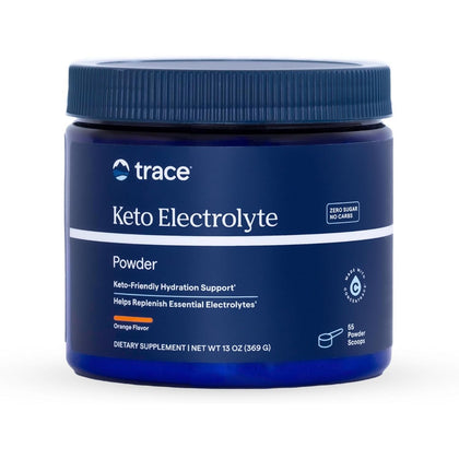 Recipient plastic albastru închis Trace Minerals Keto Electrolyte Powder cu capac albastru, logo trace alb, text mare Keto Electrolyte Powder, badge Zero Sugar No Carbs, mențiuni Keto-Friendly Hydration Support și Helps Replenish Essential Electrolytes, linie portocalie Orange Flavor, badge Made with ConcenTrace, 55 Powder Scoops, 369g. Electroliti premium fără zahăr cu 1000mg potasiu, magneziu, calciu, sodiu și minerale ionice din Marele Lac Sărat Utah. Hidratare optimă pentru keto și sport, aromă portocal